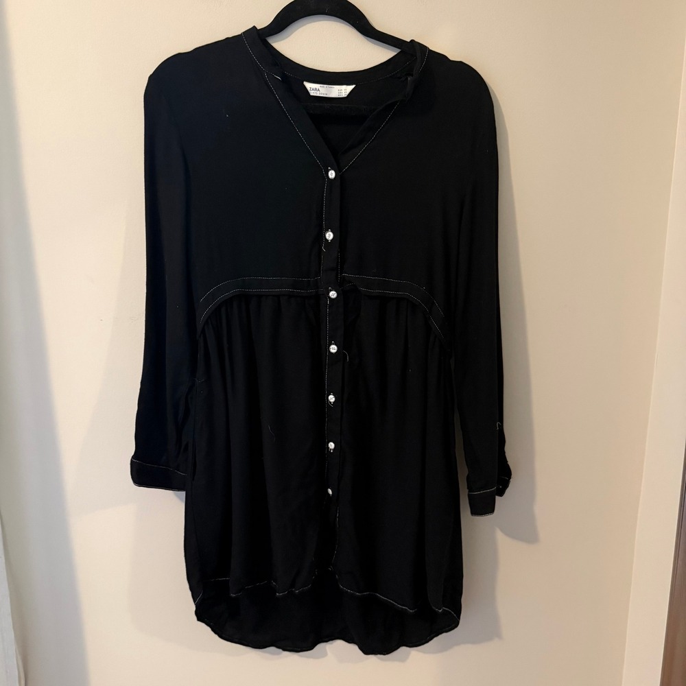 Zara Z1975 Denim Black Contrast Stitch Button Down Tunic Top XS